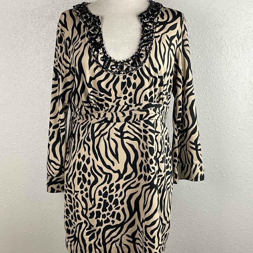 EUC INC International Concepts Tiger Print Beaded Collar Long Dress Top Size L
